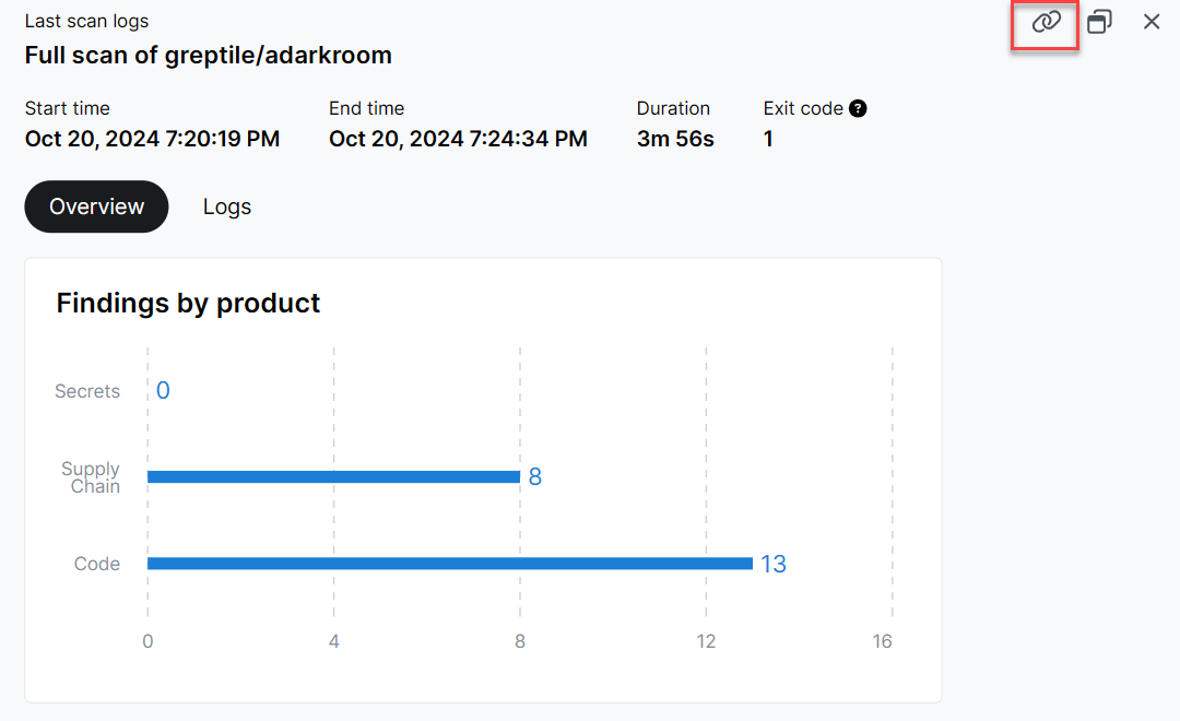 Scan details pane with the permalink icon indicated in a box.